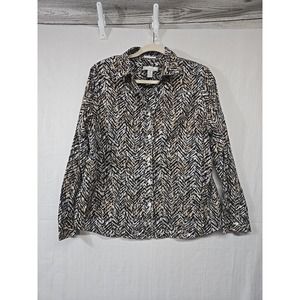 Chico's No Iron Long Sleeve‎ Animal Print Blouse Tunic Sz 2 (12 L) Button Up